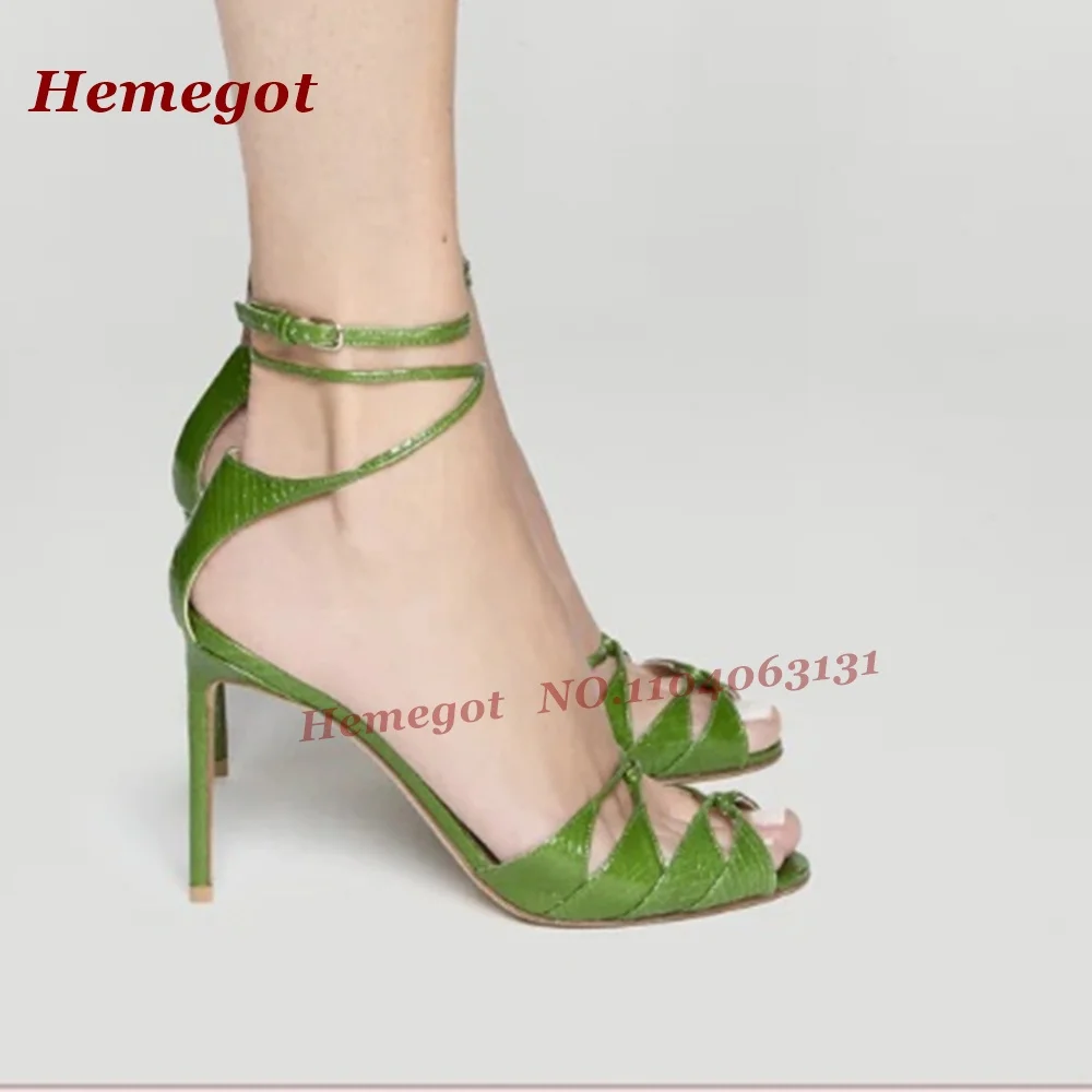 Green Croc-Pattern Strappy Sandals Peep Toe Hollow Out Buckle Strap Stiletto Heels Women's Sandals Summer Elegant Dinner Party view 3