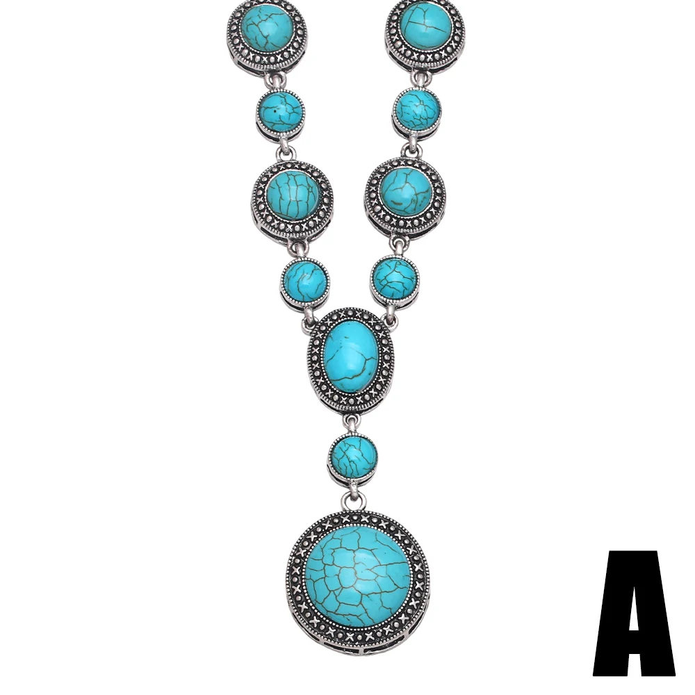 FLOLA Vintage Blue Red Stone Necklace Pendants Big Long Y Necklace with Stones Statement Jewelry for Women Gift nkea098
