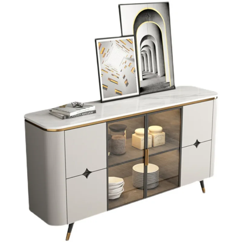 

Light luxury rock slab dining side cabinet Modern simple Italian porch cabinet Intelligent living room storage cabinet with lamp