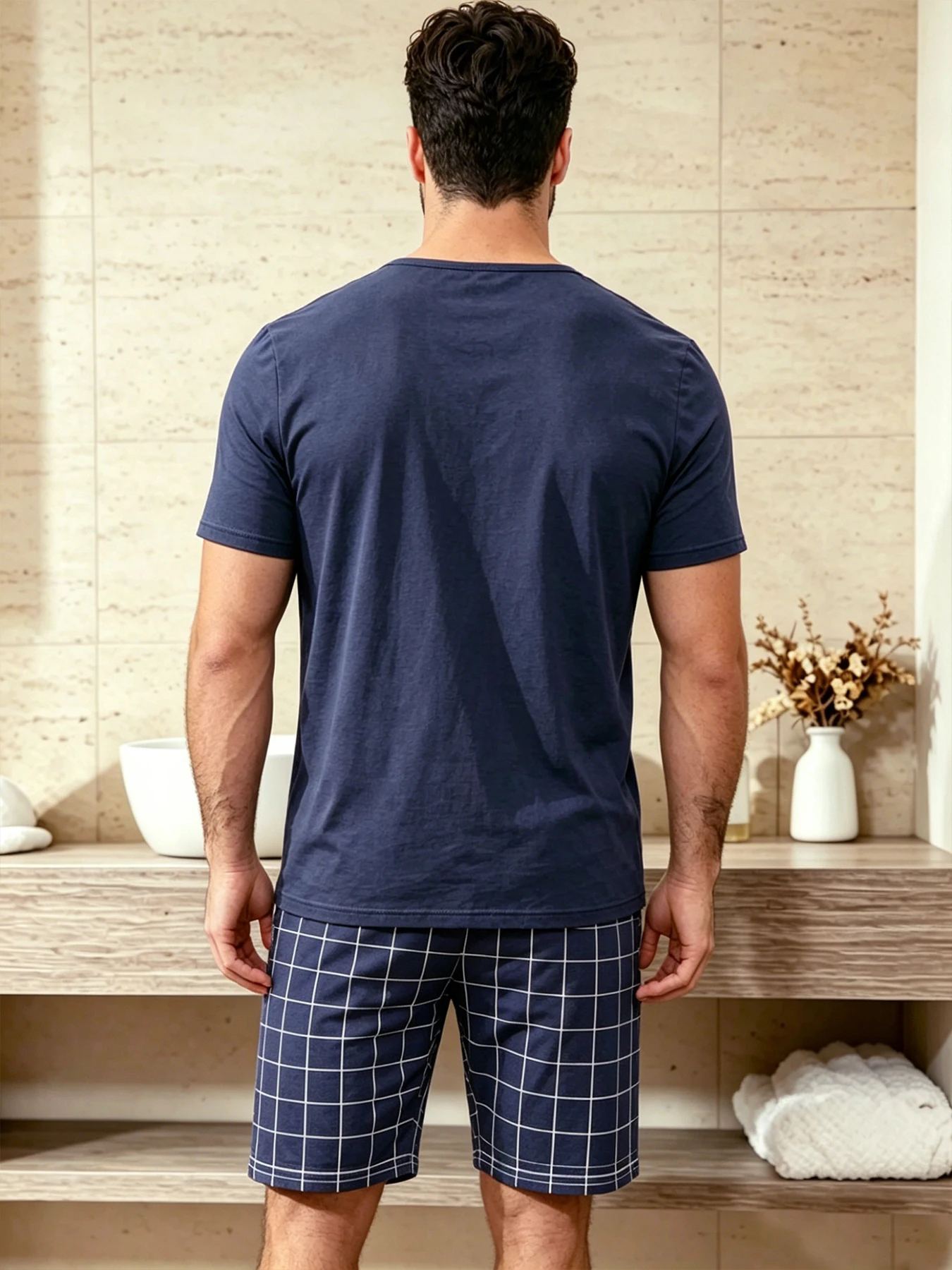 Kariertes Herren-Pyjama-Set, Rundhalsausschnitt, kurzärmliges Oberteil und elastische Shorts, hautfreundlicher Stoff, bequeme, entspannte Passform, Loungewear-Pjs – Detail 16