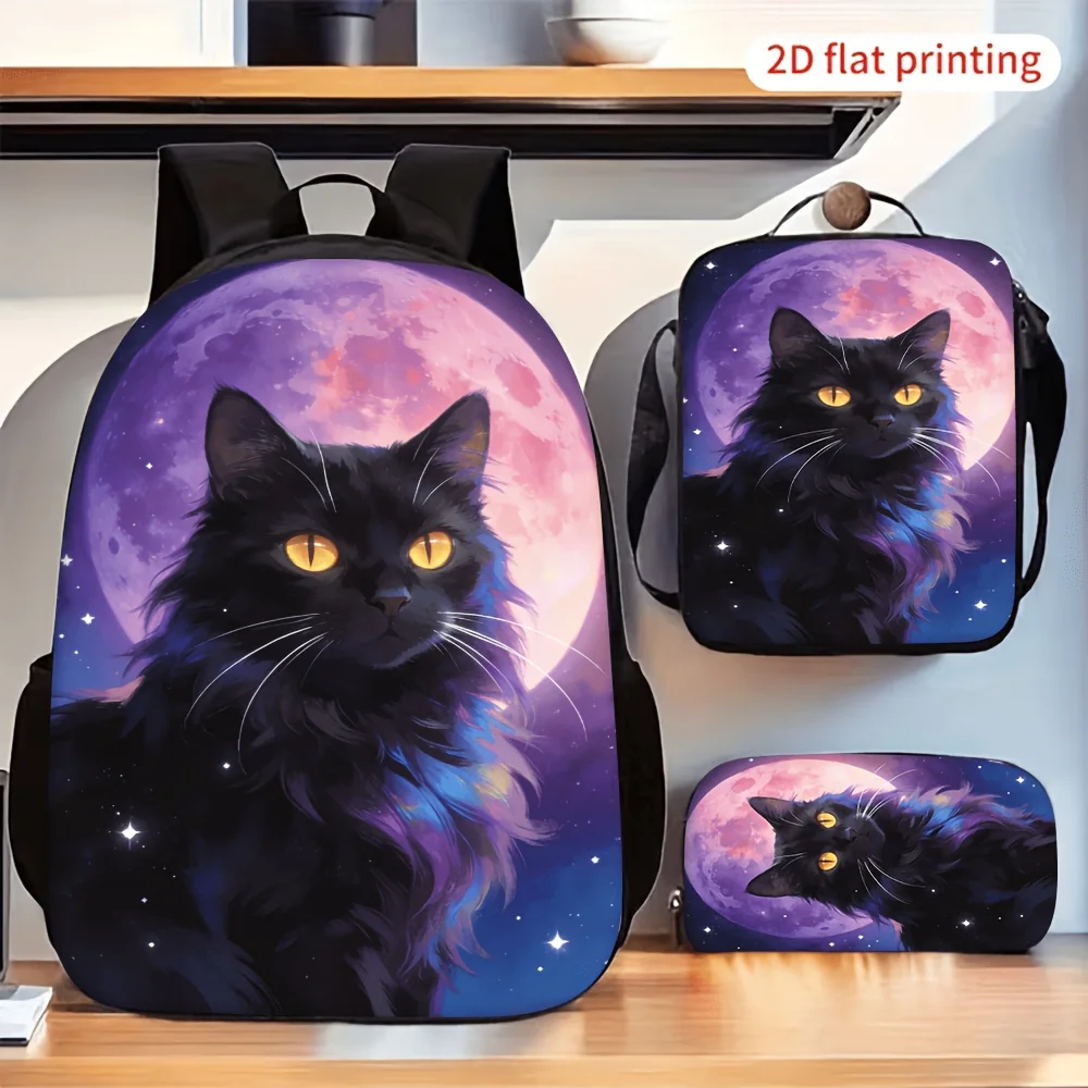 

3pcs Backpack Set Black Cat Purple Moon Print Backpack with Crossbody Bag And Pencil Case Fashion Casual Backpack for Outdoor Tr
