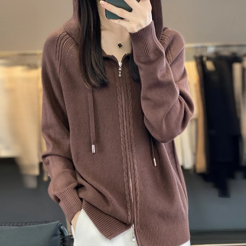 Autumn Winter Cashmere Sweater Women\'s Hooded cardigan Fashion Loose Casual Sweater Women\'s Thickened Top Coat Korean Version