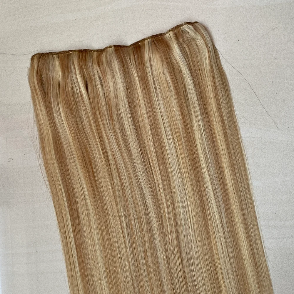 One Piece Fish Line Straight human Hair Extensions for Ladies, 18 Inch 100g Invisible Hidden Wire Hair, Color 27/613 Honey Blond