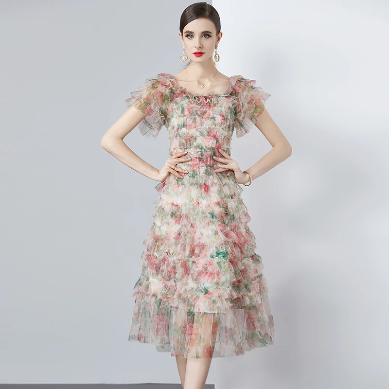 Quality Runway Brand Design Summer Holiday Layer Cake Ruffle Tulle Floral Dress Women Sexy Slash Neck Short Sleeve Midi Dresses