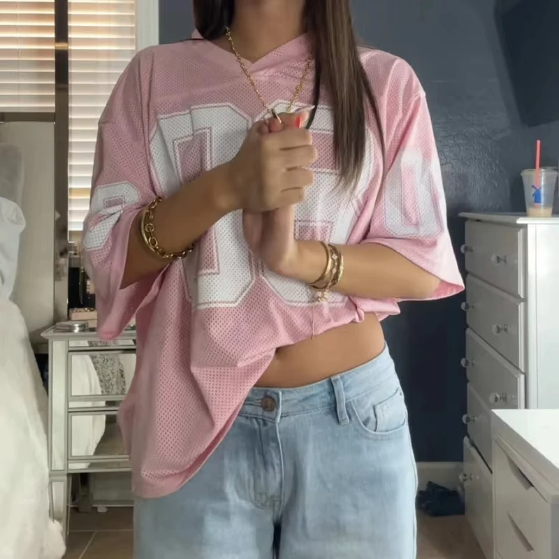 Camiseta de fútbol para mujer, camiseta de malla con cuello en V, ropa de calle de moda con estampado 3d, traje versátil Sexy Y2k, Top informal de moda