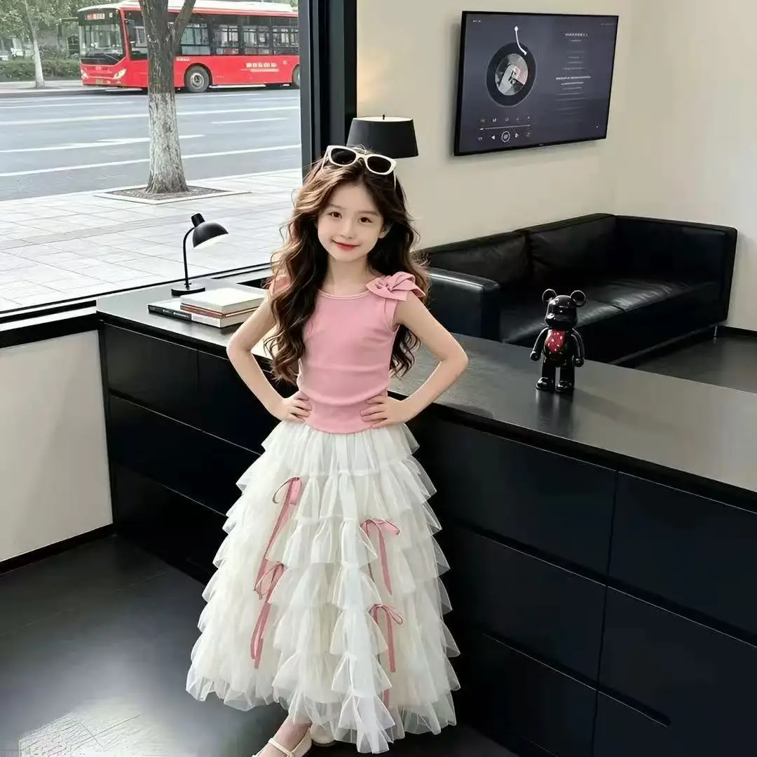 

Girls' Summer Set 2026 New Fashion Children's Sweet Pink Sleeveless Tank Top Yarn Skirt Stylish Two Piece Set