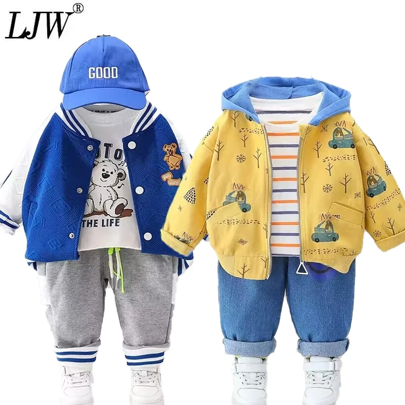 

2023 New Spring and Autumn Boys Letter Print Jeans Baby Lapel Cartoon Single Breasted Jacket Suit Baby Clothes 0-5 Years Old