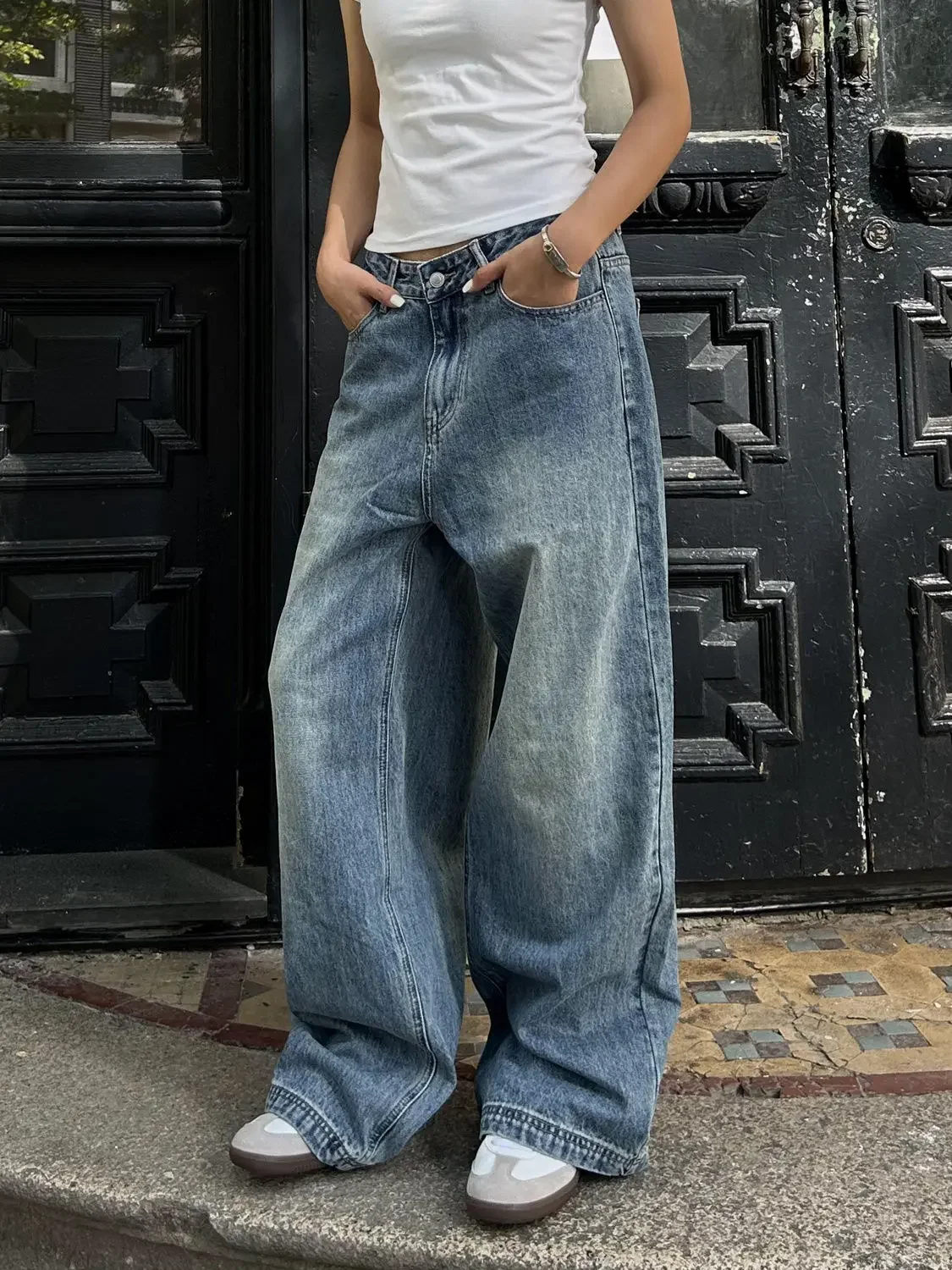 

Vintage Aesthetic Emo Loose Washed Pants 2024 Summer Women's Casual Blue Harajuku Jeans Y2K Wide Leg Punk Baggy Denim Trouser