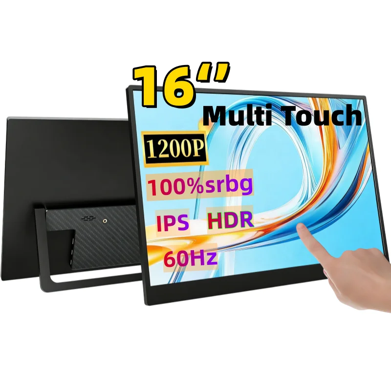16 Inch Portable Touch Monitor, Non-Touch Optional, 1200P HDR 16:10, 100% sRGB, Built-in Hidden Stand, Compatible with Xbox, PS4