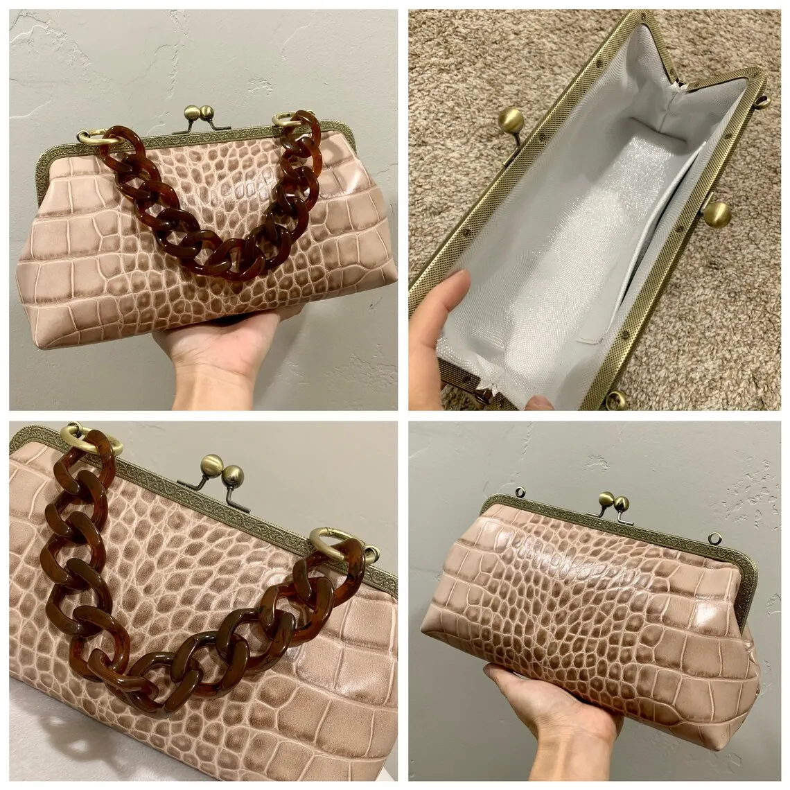 

Lost In Vintage Embossed Leather Clutch, Metal Frame Kiss Lock Bronze Gold Tone Hardware Closure Antique BrassEvening Clutch