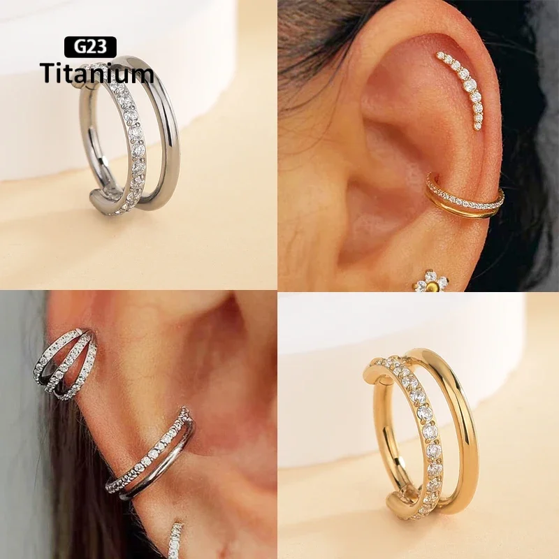 G23 Titanium Surgical Metal Tragus Hinged Segment Ring Earring Septum Piercing Zircon Nose Ring Clicker Stud Ear Body Jewelr 16G