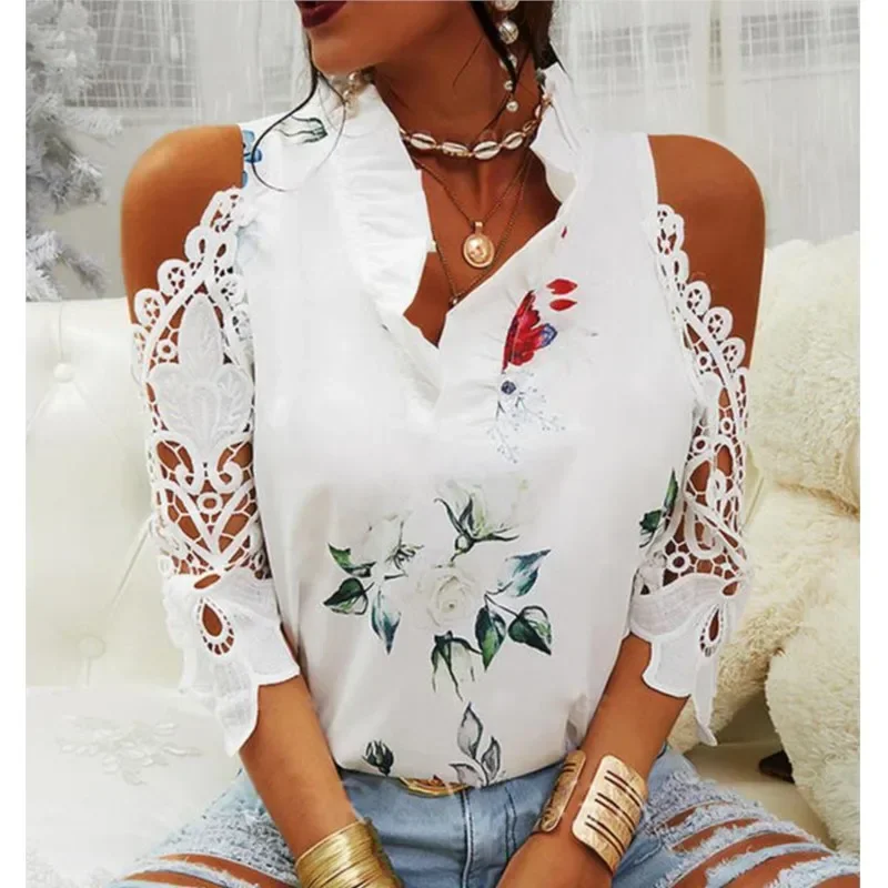

Summer Off Shoulder Lace Tops Female Sexy Hollow Flower Print Women's Blouse Elegant Casual V-Neck White Shirts Blusas