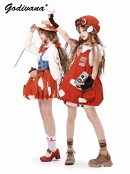 Original Design Cute Mushroom Lolita Strap JSK Bud Dress Lolita Girl Women's Loose Red Printed Tank Dresses