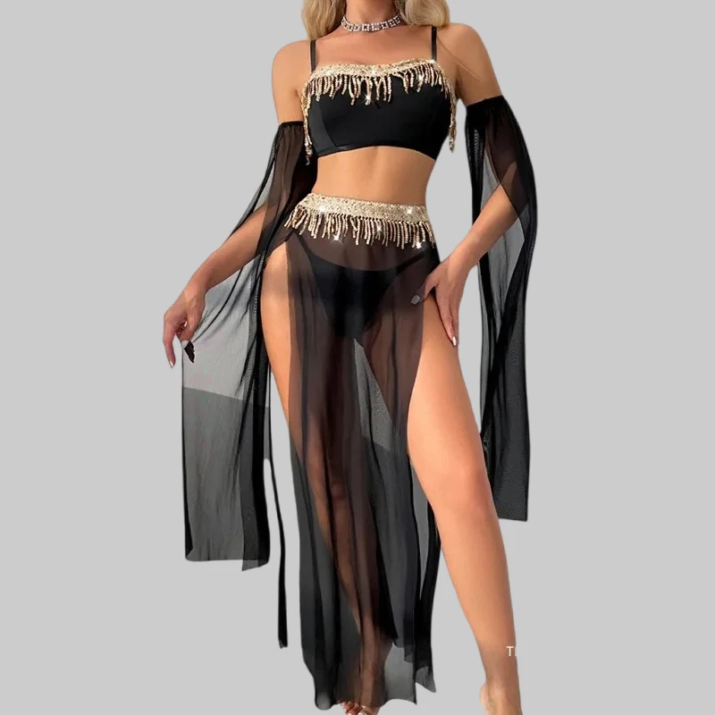 Tornova Sexy Lingerie Suit for Women Mesh Patchwork Tassel Women's Underwear Suit Sexy Slit Skirt Mesh See-through Underwear New