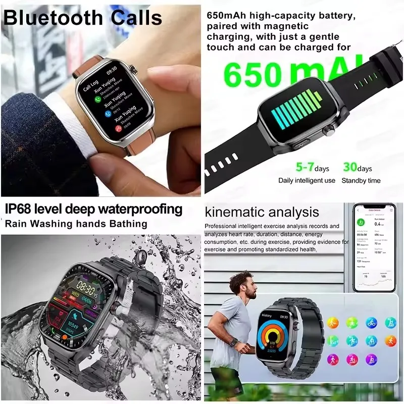 2025 New Smart Watch 2.04-inch AMOLED Screen Bluetooth Call IP68 Waterproof 650mA Sports Smartwatches Men Android Military-Grade