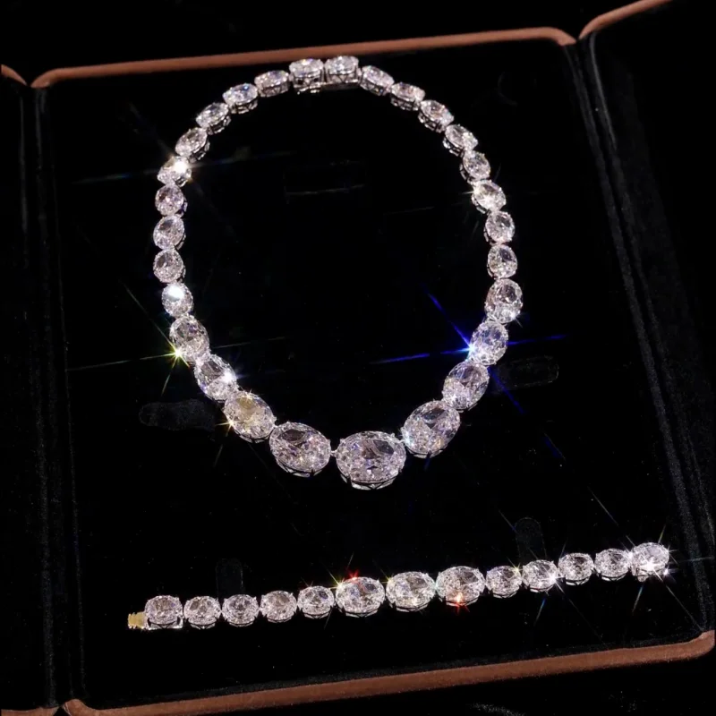 

BELLUX 925 Silver Synthetic Zircon White Pigeon Egg Full Diamond Super Shiny Luxury Bracelet Necklace Jewelry Set