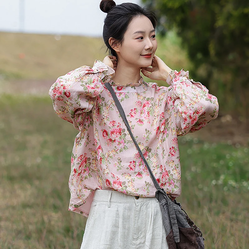 Women Long Sleeve Blouses Shirts New 2025 Spring Vintage Style Half High Collar Floral Print Loose Female Casual Tops M1350