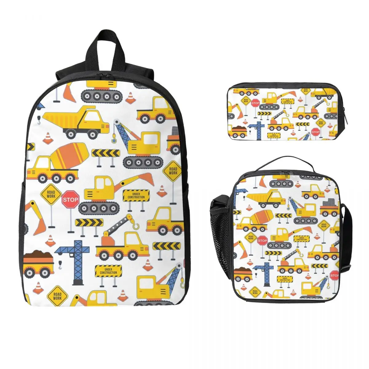 Road Work Under Construction Transportation Backpack Student Boys Girls BookBag School Bag 3ps Insulated Lunch Bag Pencil Case