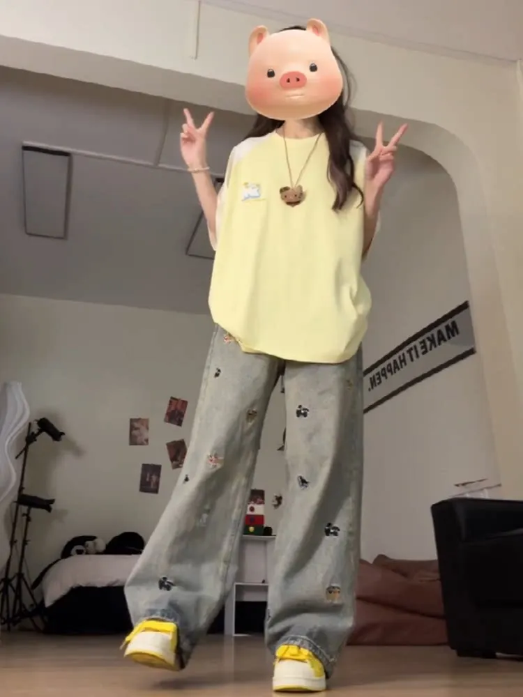 

Retro Korean Slim Fit Jeans Women's High Waist Drapey Wide Leg Pants American Cartoon Embroidery Spring 2026 New Style