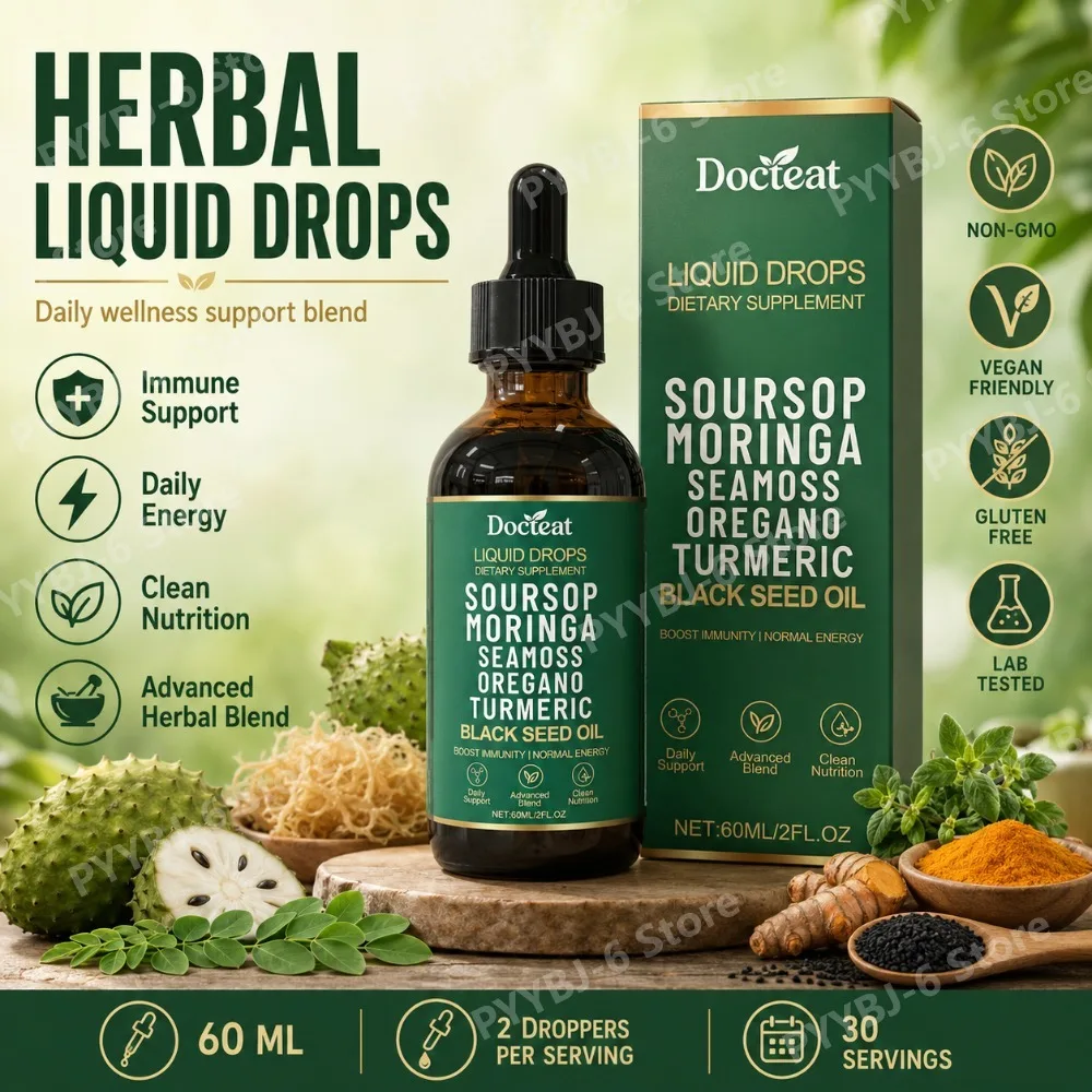 Docteat Liquid Drops Dietary Supplement with Soursop Moringa Seamoss Oregano Turmeric & Black Seed Oil Boost Immunity Energy