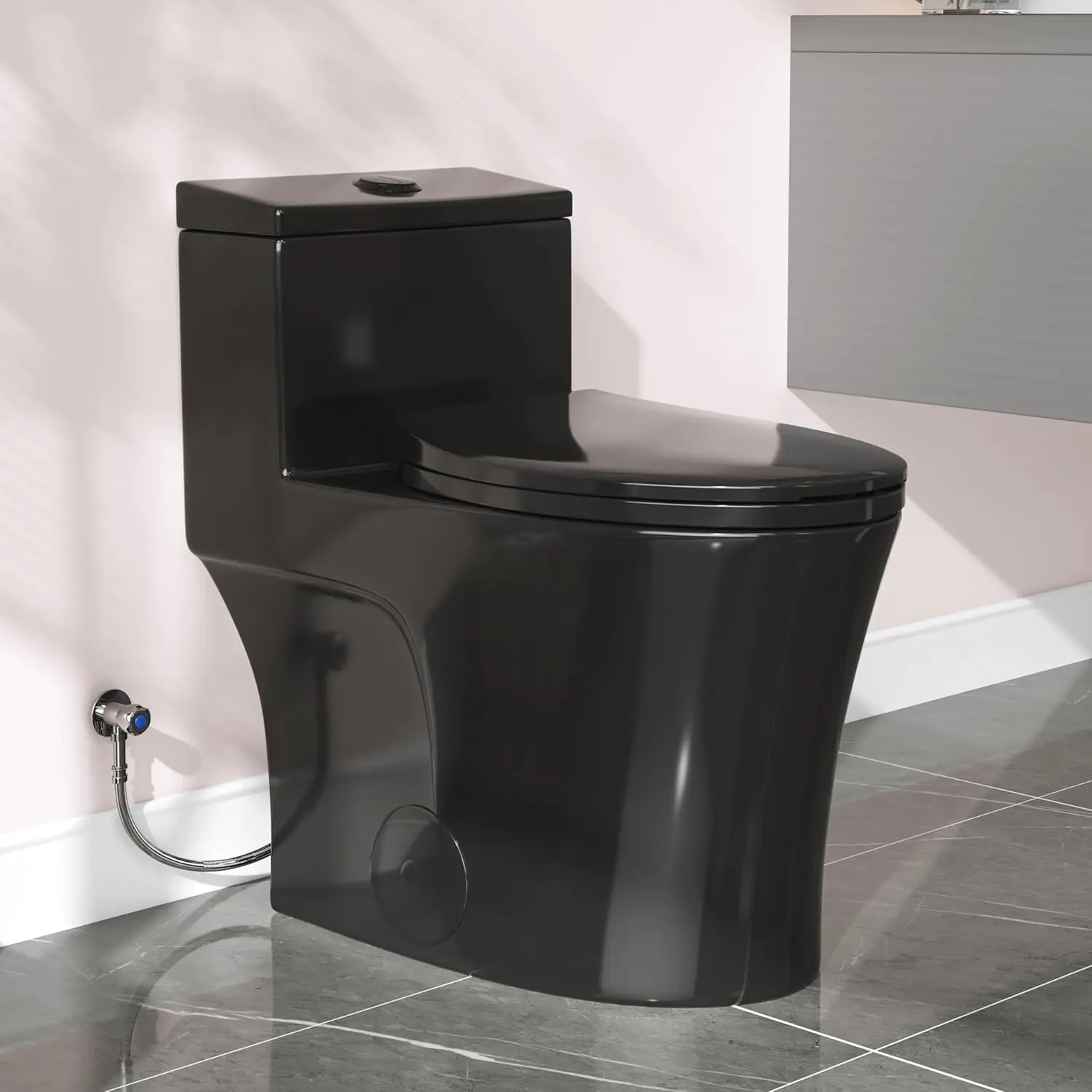 Elongated One Piece Toilet Black, Compact Modern Toilet with Comfortable Seat Height, ADA Chair Height 17.3