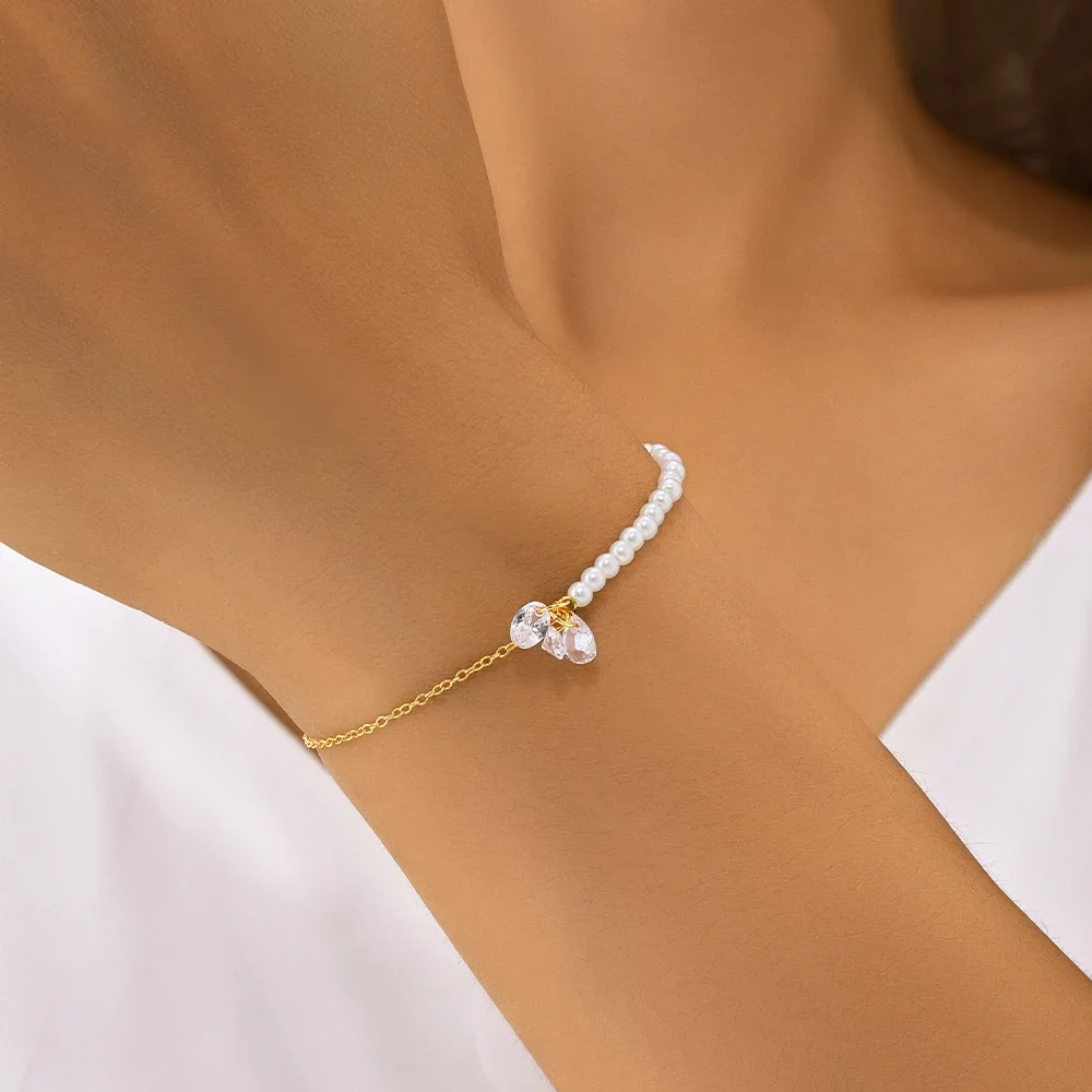 KO 2024 New 925 Sterling Silver Gold replaceable half pearl chain irregular zircon Women Bracelet  Fine Jewelry Wedding gift