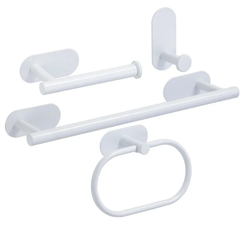 White Silver 304 Stainless Steel Towel Bar No Drilling Paper Holder Self-adhesive Towel Ring Robe Hook Bathroom Accessories Set