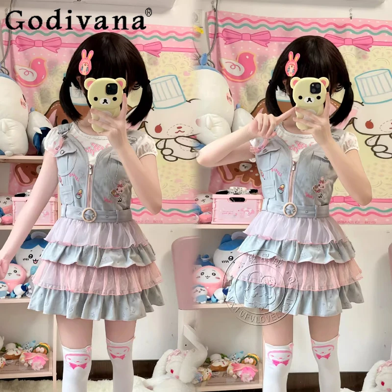 

Cute Girls Sweet Denim Dress Summer Daughter Kawaii Sleeveless Strap Dress Clothes Original Japanese Mesh Spliceling Y2K Dress