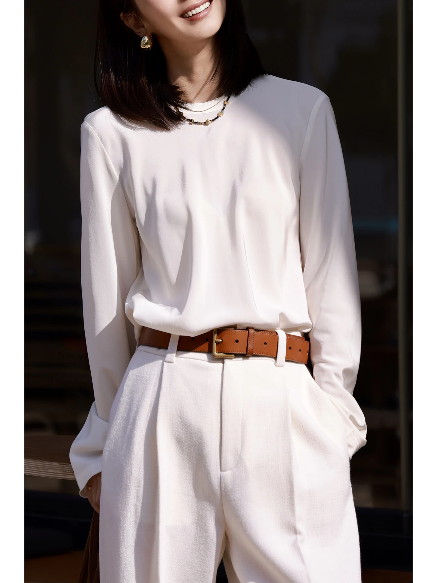 

FANNIU Spring Summer Silk Long Sve T-irt round Ne Transparent Sensation mat White Draped 45 Deee Silk Top