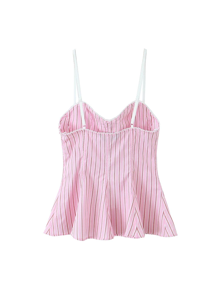 KUCLUT 여성 패션 핑크 스트라이프 백리스 사이드 지퍼 코르셋 Camis 빈티지 얇은 스트랩 v 넥 여성 세련된 레이디상의