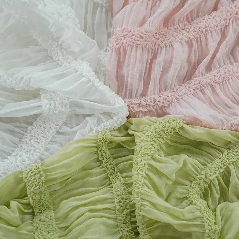 Tessuto chiffon bianco rosa con volant pieghettato ricamo squisito tessuto da sposa gonna in tessuto fascia per capelli