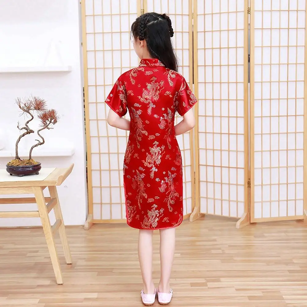 Summer Dragon Phoenix Pattern Niche Design Silk Girls Cheongsam Girls Skirt  Traditional Dress Qipao Chinese Style Dress