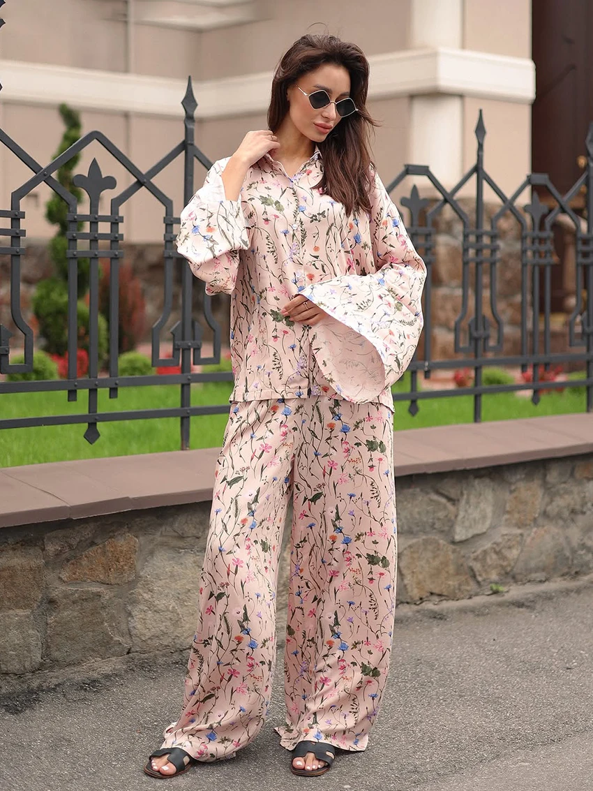 Marthaqiqi بدلة بيجامة نسائية غير رسمية بياقة مقلوبة ملابس نوم بأكمام طويلة ثوب نوم سروال مطبوع ملابس نوم نسائية طقم مكون من قطعتين