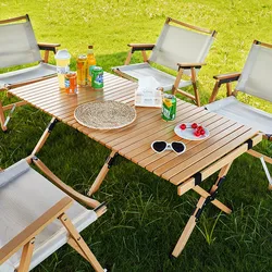 Outdoor Folding Table And Chair Combination Beech Wood Egg Roll Table Picnic Camping Table Portable Leisure Chair Recliner