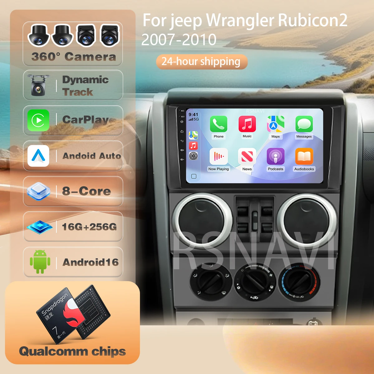 For jeep Wrangler Rubicon 2007 - 2010 Carplay Auto Car Radio with Wireless CarPlay Plug and Play Snapdragon Wireless Android 16