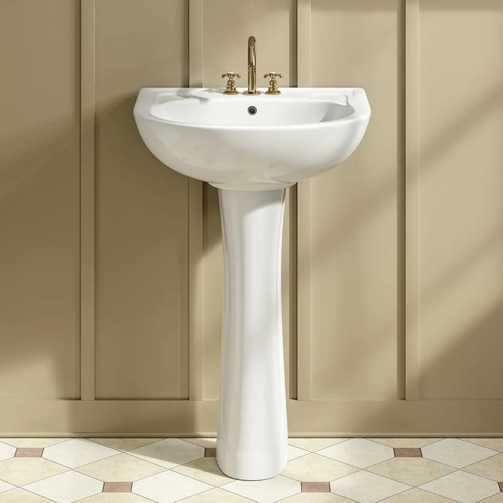 22W x 19D U-Shape Pedestal Sink, White Pedestal Bathroom Sink with Overflow and 3 Pre-Drilled Holes
