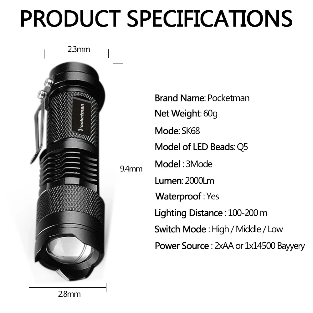 Фонарик, карманный фонарик для экстренных случаев, масштабируемый фонарик, фонарик из алюминиевого сплава с 3 режимами освещения, водонепроницаемый фонарик
