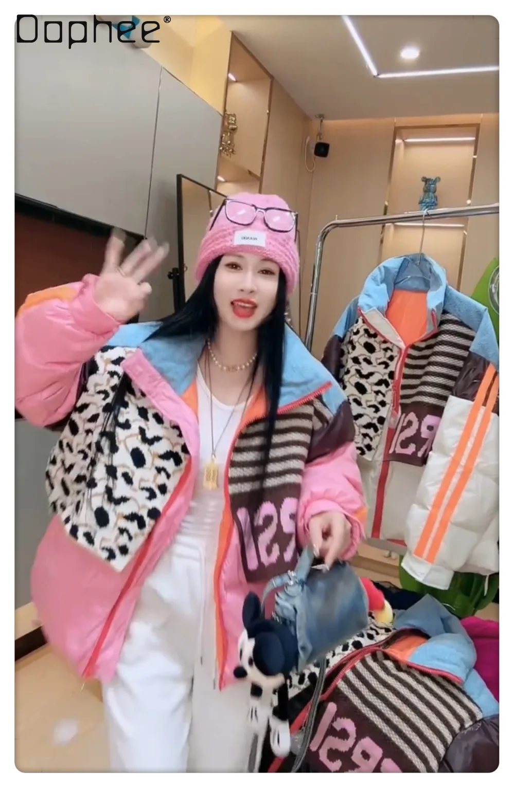 Down Jacket for Women 2025 Winter Denim Patchwork Knitted Striped Color-Block White Duck Down Thickened Puffer Jacket Coat