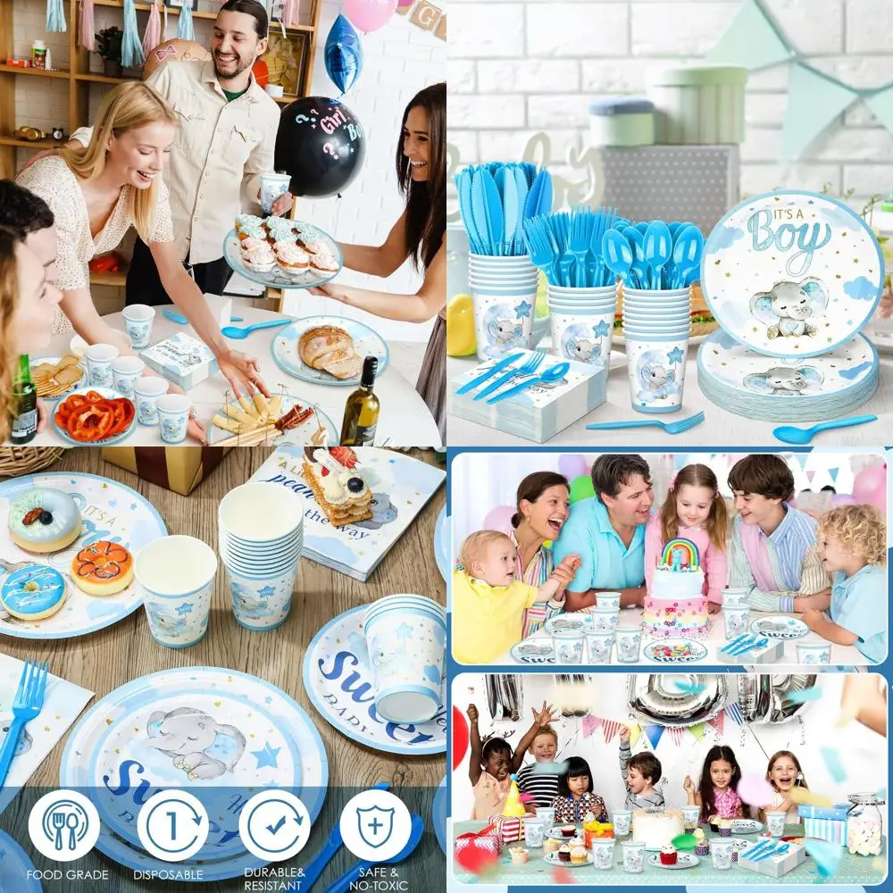 

50-Person Elephant & Blue Baby Shower Disposable Tableware Set: Plates, Napkins, Cups, Cutlery