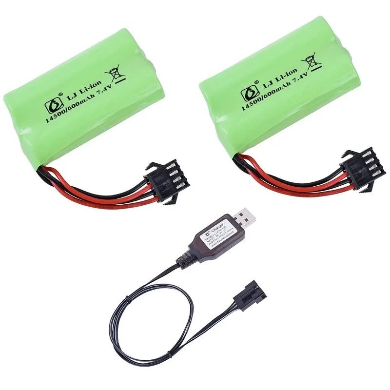 7.4V 600mah14500 li-ion battery SM4P Plug/USB charger water bullet gun high quality 14500 2S battery for RC toys accessories