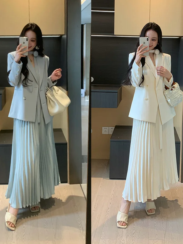 

Spring Suit Jaet Strap Dr Waist Inward Slimming Elegance Set Women's Faion Casual Sle Pure Color Long Sve