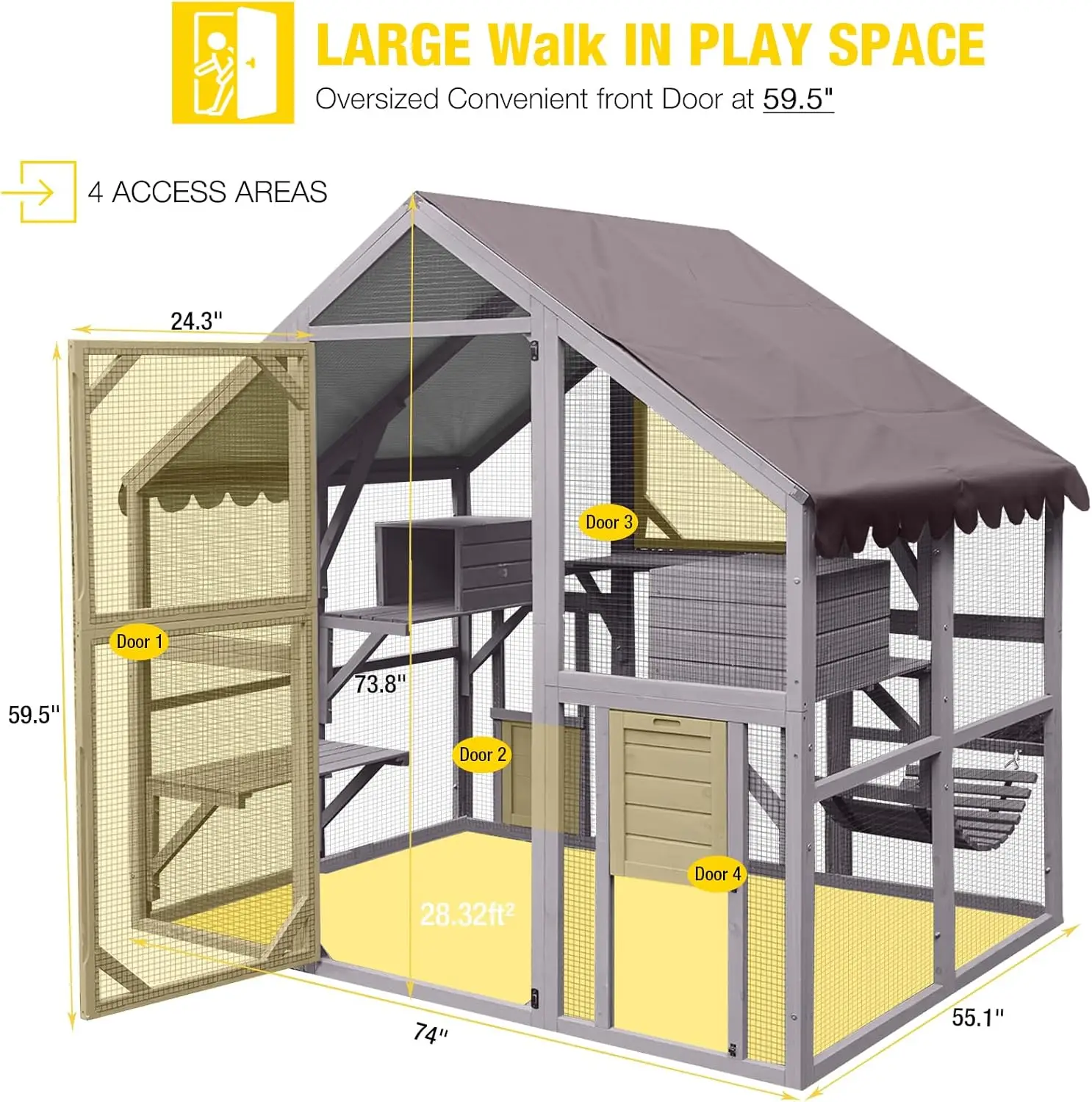 Catio Cat Enclosure Outdoor Cat Catio Large Cat Run with Bridges, Walks, Small Houses, Roof Cover 28.27ft