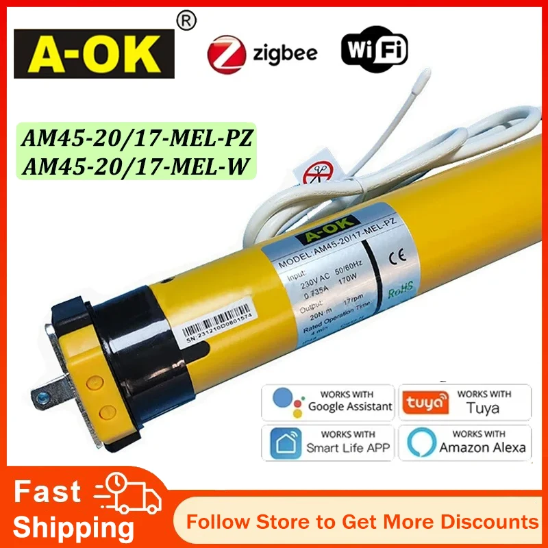 A-OK AM45 20/17 Tuya Zigbee Smart Awning Blinds Tubular Motor,RF433 Control,for 50mm/55mm/65mm/70mm Tube Rolling Sunshade Motor