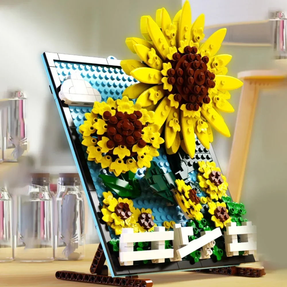 1277PCS Sunflower Vase Wall Art Building Bricks Kit Creative Painting Block Model with Artist Figurine Decor Toy Gift for Adults