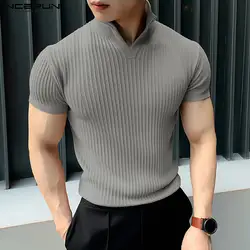 Handsome Well Fitting Tops INCERUN Handsome Men Solid Stand Neck Knitted T-shirt Casual Simple Male Short Sleeved Camiseta S-5XL