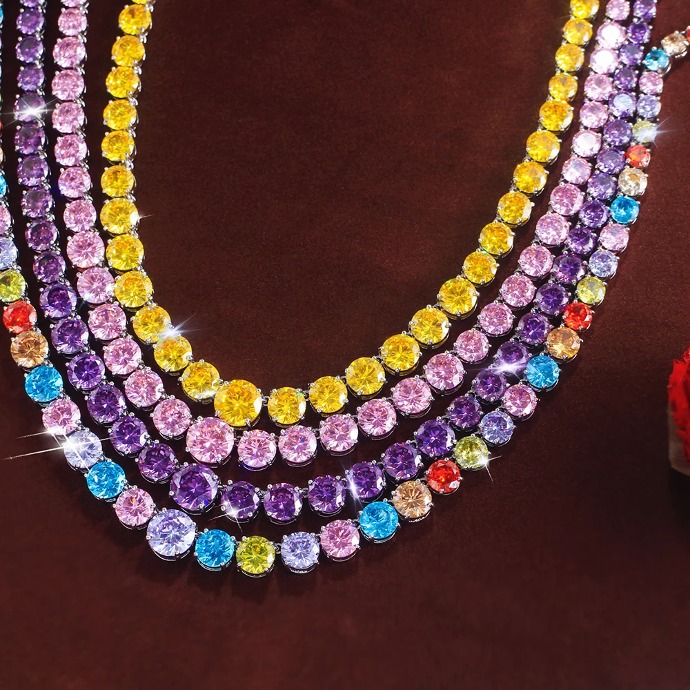 ThreeGraces – collier de tennis rond géométrique pour femmes, pierre de zircone jaune et rose multicolore scintillante, pour fête de mariage, PN221