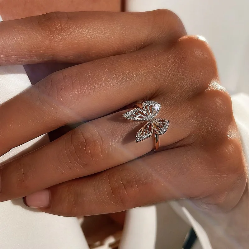خاتم نسائي من الفضة الإسترليني S925 مطلي بالذهب عيار 18 قيراط على شكل فراشة من الزركون وإكسسوارات الحفلات والمجوهرات #5