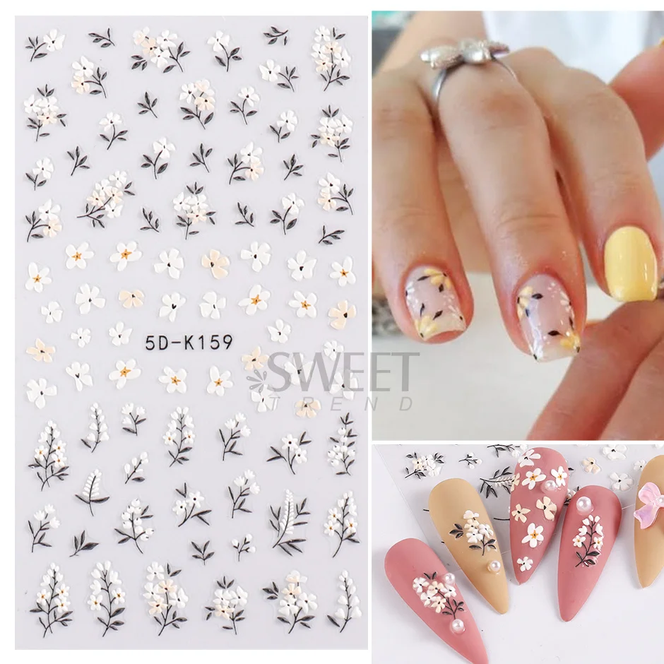 5D Embossed Flower Colorful Nail Stickers Simple DIY Wildflower Sliders Sunflower Daisy Spring Engraved Art Manicure Decals