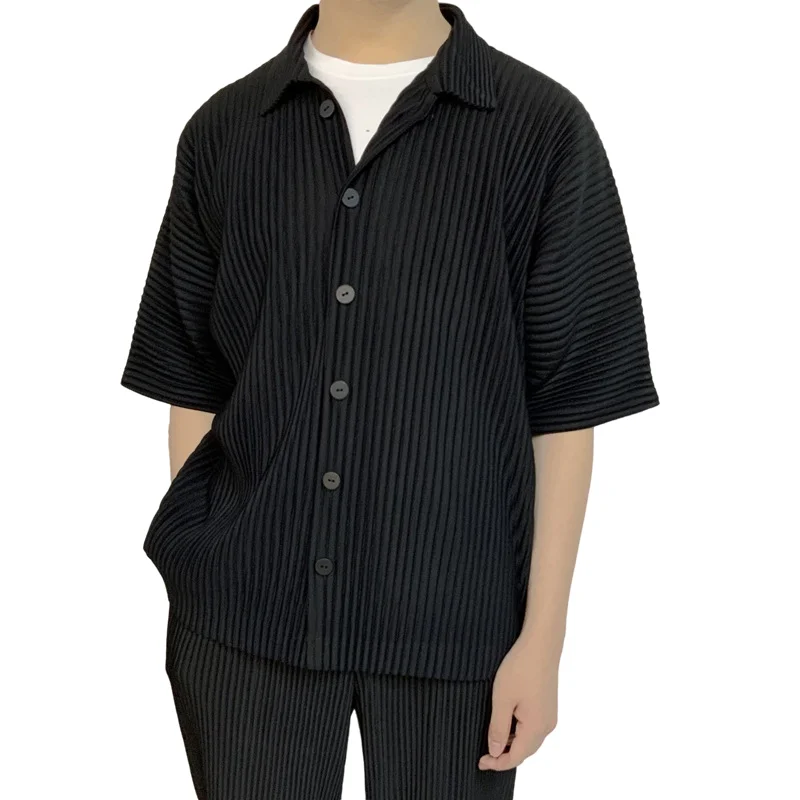 

Miyake Pleated Casual Suit Jacket Korean Version Loose 2022 Summer Short Sleeve Shirt Button Top Men