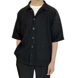 Miyake Pleated Casual Suit Jacket Korean Version Loose 2022 Summer Short Sleeve Shirt Button Top Men